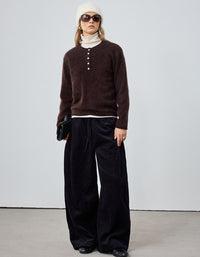 Brown fuzzy knit pullover sweater with button neck