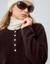 Brown fuzzy knit sweater front view with button neckline