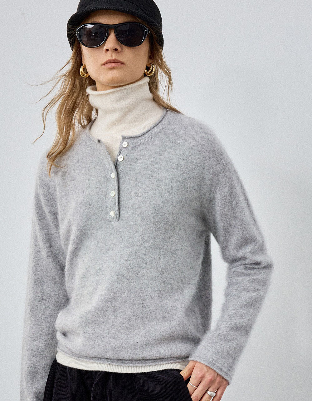 Gray  fuzzy knit texture and button neck detail