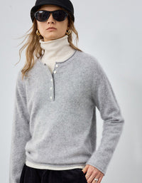 Gray  fuzzy knit texture and button neck detail