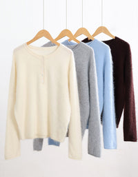 Women’s Brown Cozy Knit Sweater with Button Neck