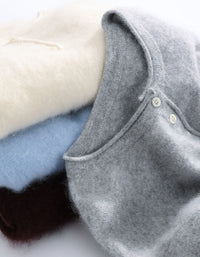 Women’s Brown Fuzzy Knit Sweater – Button Neck Pullover