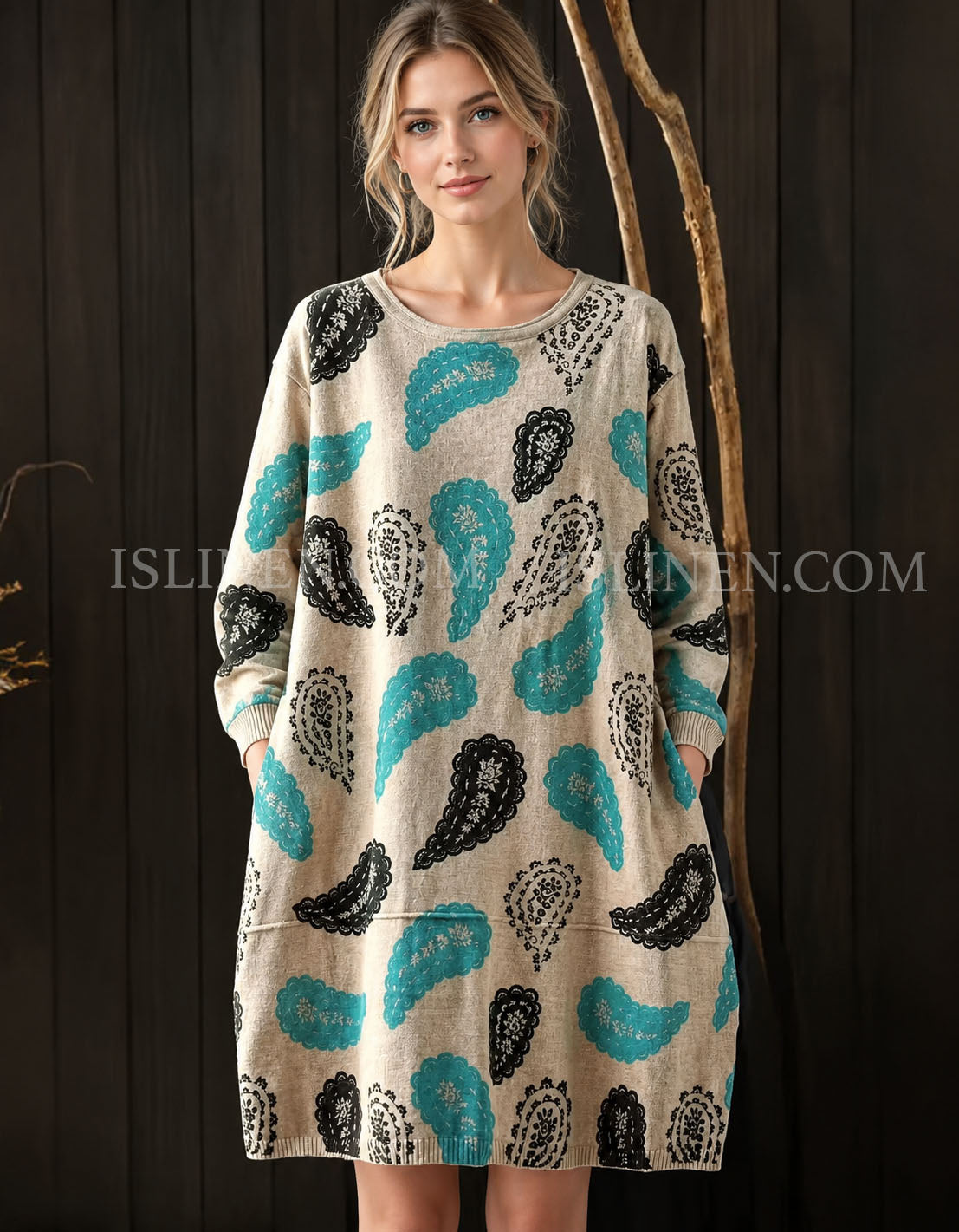 Women’s vintage paisley knit sweater dress front view