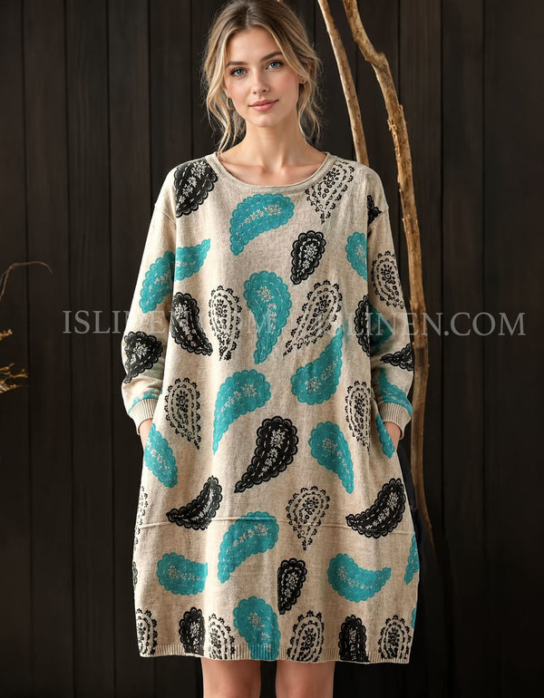 Women’s vintage paisley knit sweater dress front view
