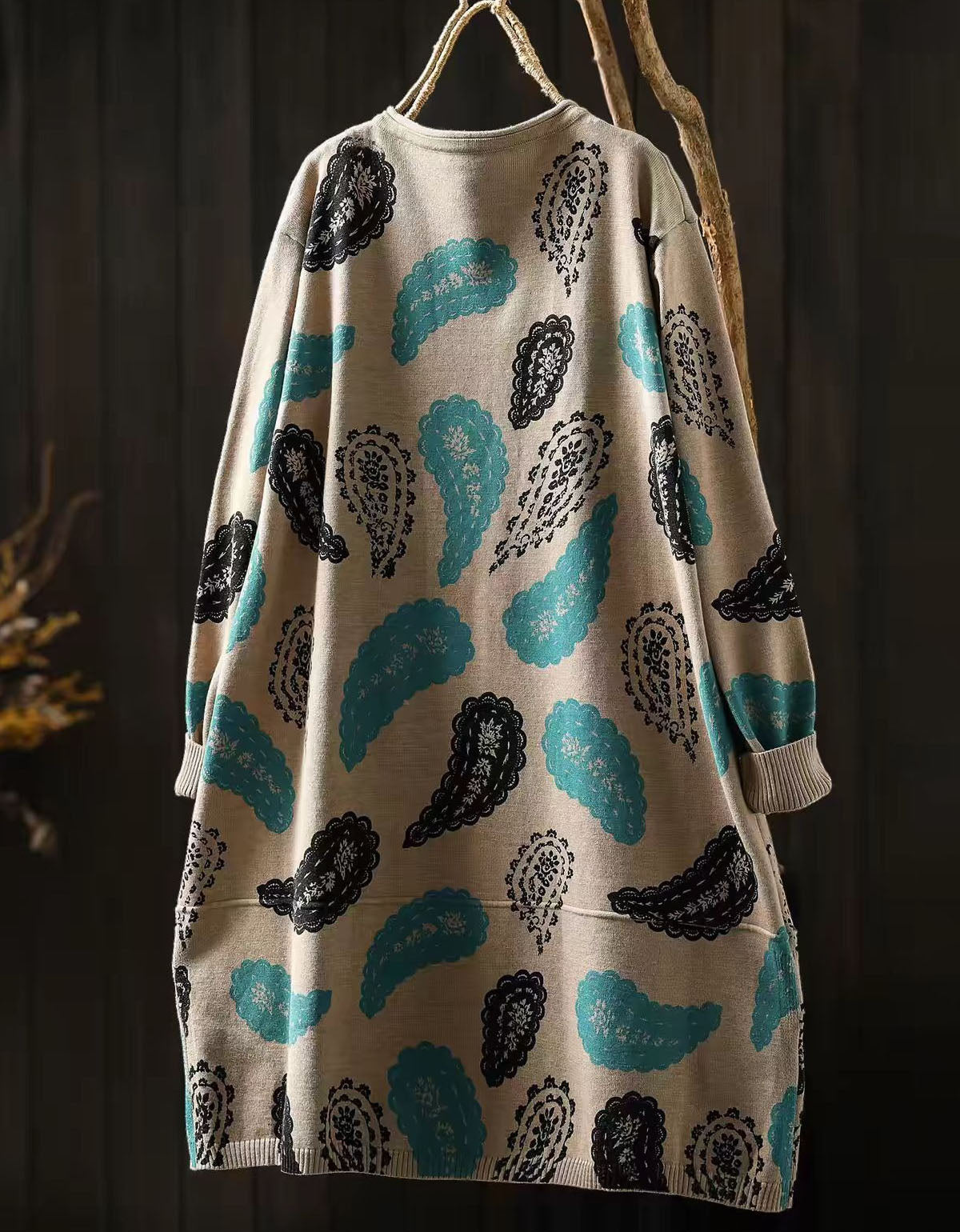 Back view of women’s vintage paisley knit sweater dress front view