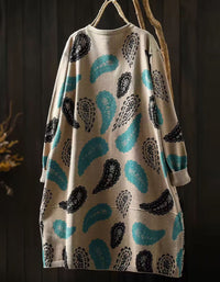 Back view of women’s vintage paisley knit sweater dress front view