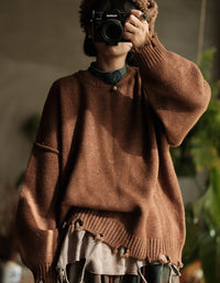 Women’s Autumn Winter Oversized Retro Distressed Hem Knit Sweater