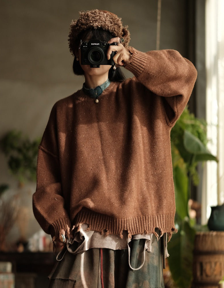 Women’s Autumn Winter Oversized Retro Distressed Hem Knit Sweater