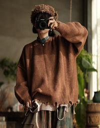 Women’s Autumn Winter Oversized Retro Distressed Hem Knit Sweater