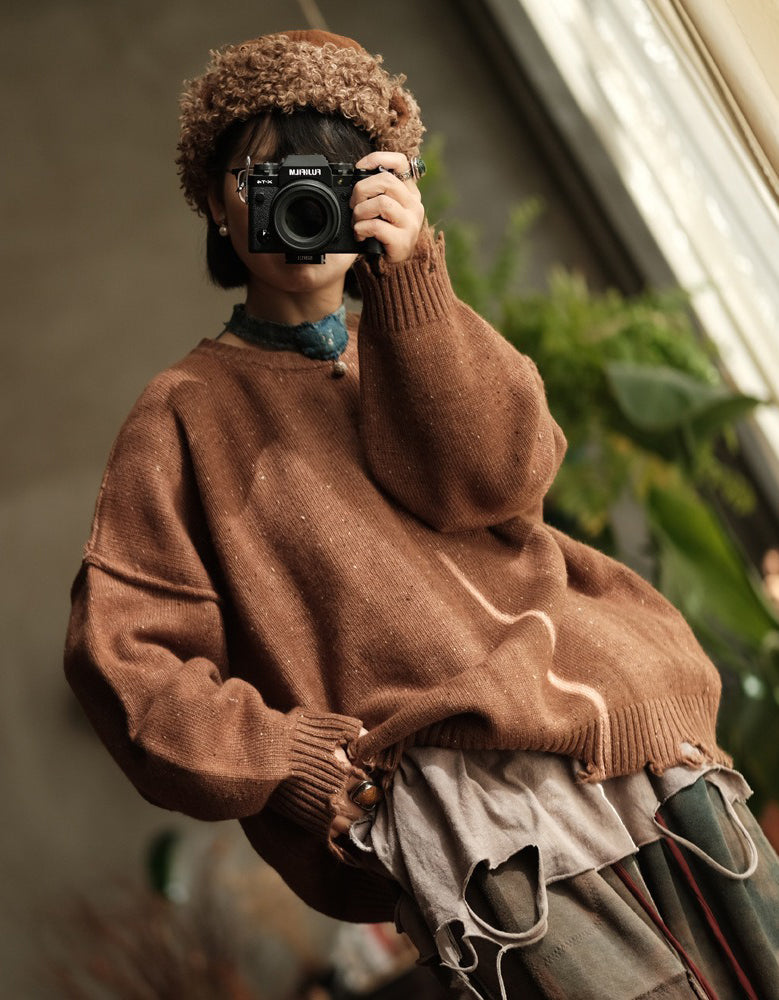 Women’s Autumn Winter Oversized Retro Distressed Hem Knit Sweater