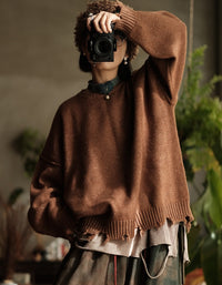 Women’s Autumn Winter Oversized Retro Distressed Hem Knit Sweater