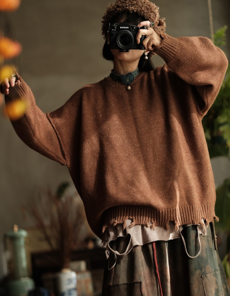 Women’s Autumn Winter Oversized Retro Distressed Hem Knit Sweater