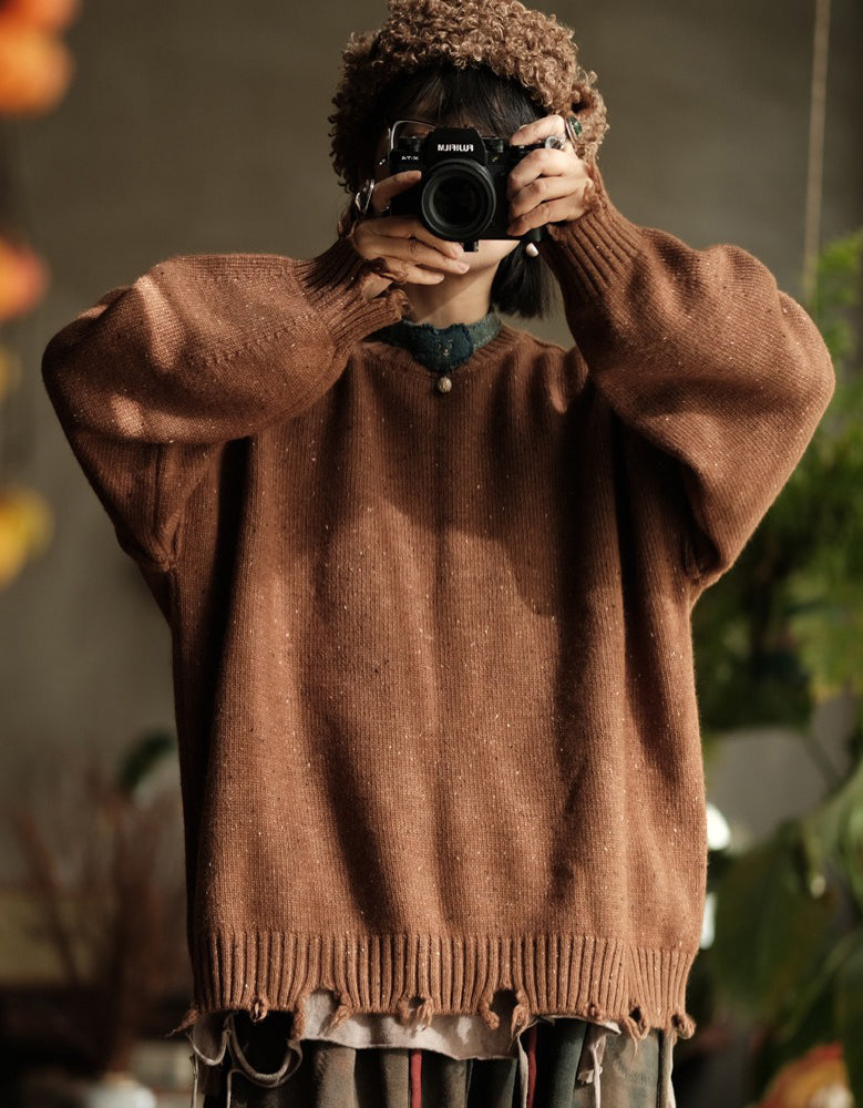 Women’s Autumn Winter Oversized Retro Distressed Hem Knit Sweater