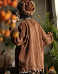 Women’s Autumn Winter Oversized Retro Distressed Hem Knit Sweater
