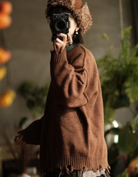 Women’s Autumn Winter Oversized Retro Distressed Hem Knit Sweater