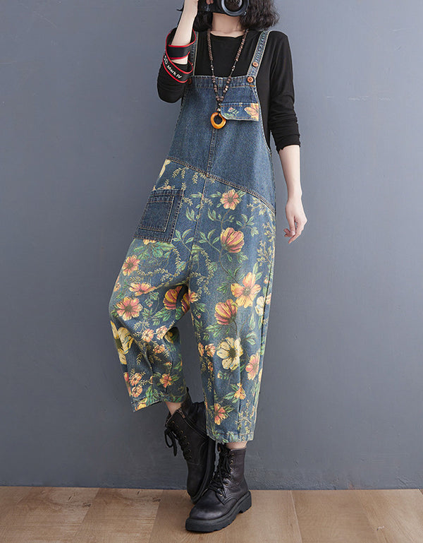 Women’s Baggy Floral Wide Leg Denim Jumpsuit