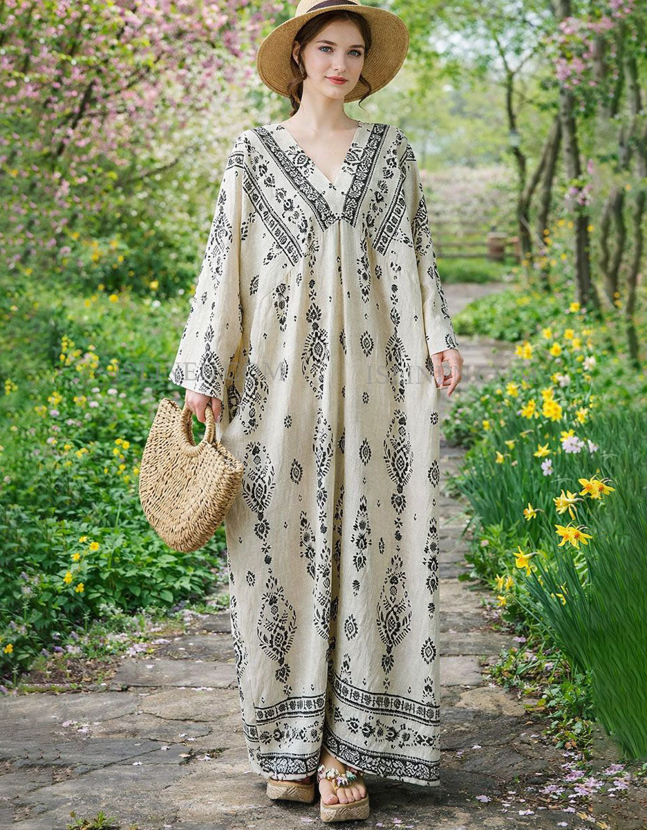 Women wearing boho oversized maxi dress with ethnic print