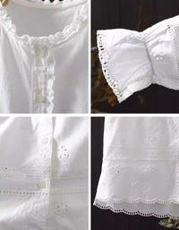 Collage of close-up details of a white embroidered blouse.