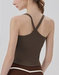 Brown tank top worn by a model on a plain background back view