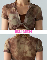 Brown tie-dye crop top with a knot detail on a gray background close-up