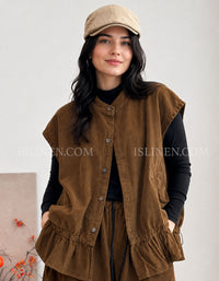 Women's brown button front utility vest with ruffle hem