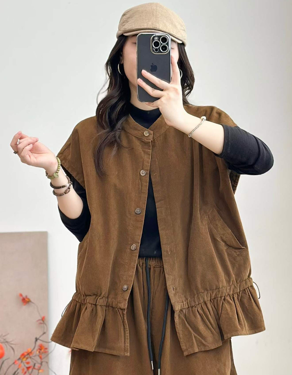 Women's casual brown layering vest with pockets