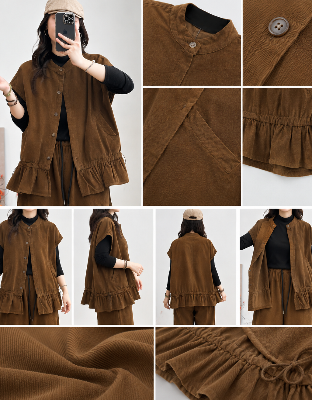 Close-up of women's Brown Ruffle Hem Button Front Utility Vest