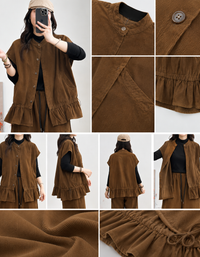 Close-up of women's Brown Ruffle Hem Button Front Utility Vest