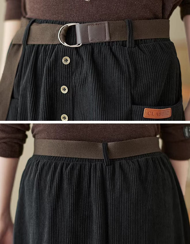 Close-up of women’s black corduroy skirt with belt and button front, highlighting the comfortable, stylish design