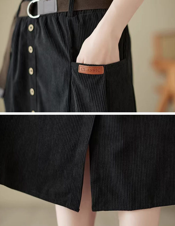Close-up of women’s brown corduroy skirt with high-waisted fit, button front, and belt detail, offering casual chic style