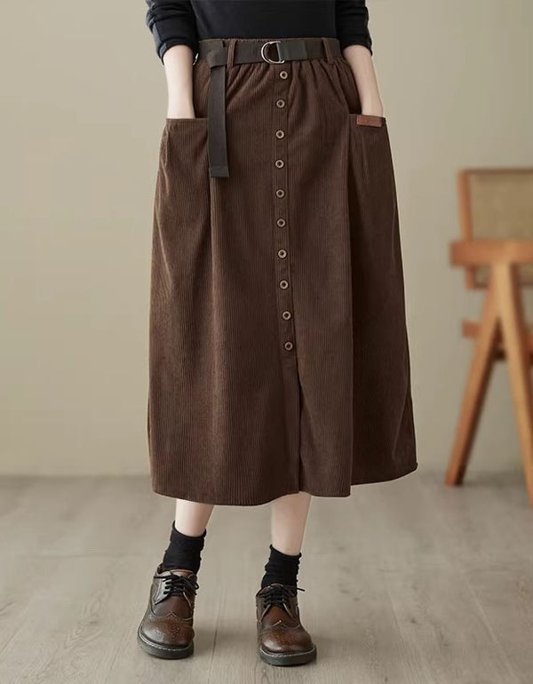 Women’s coffee corduroy skirt with high-waisted fit, belt detail, and button front closure, perfect for casual, everyday wear