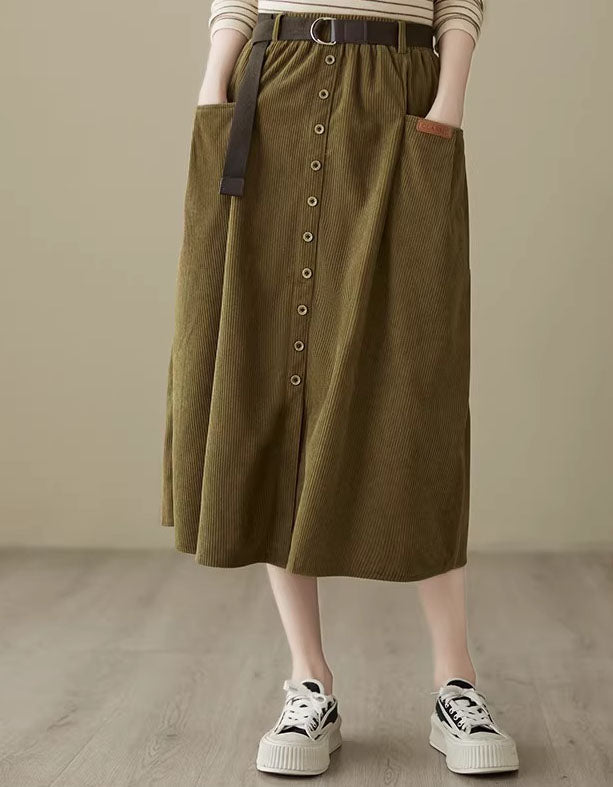 Women’s olive green corduroy skirt with button front closure and belt detail, high-waisted midi skirt for casual styling