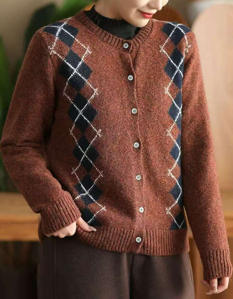 Women’s Casual Argyle Pattern Knit Sweater Cardigan