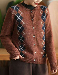 Women’s Casual Argyle Pattern Knit Sweater Cardigan