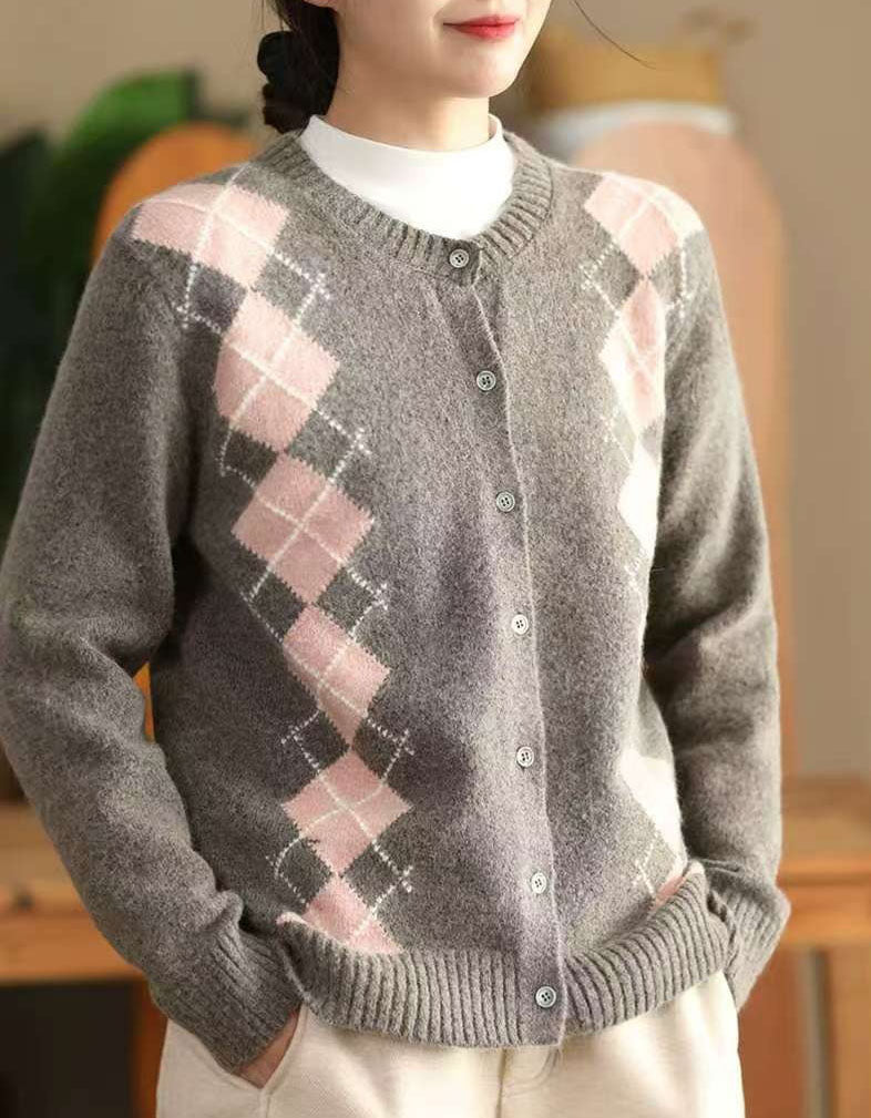 Women’s Casual Argyle Pattern Knit Sweater Cardigan