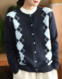 Women’s Casual Argyle Pattern Knit Sweater Cardigan
