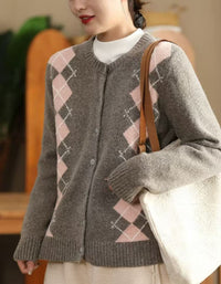 Women’s Casual Argyle Pattern Knit Sweater Cardigan