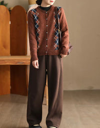 Women’s Casual Argyle Pattern Knit Sweater Cardigan