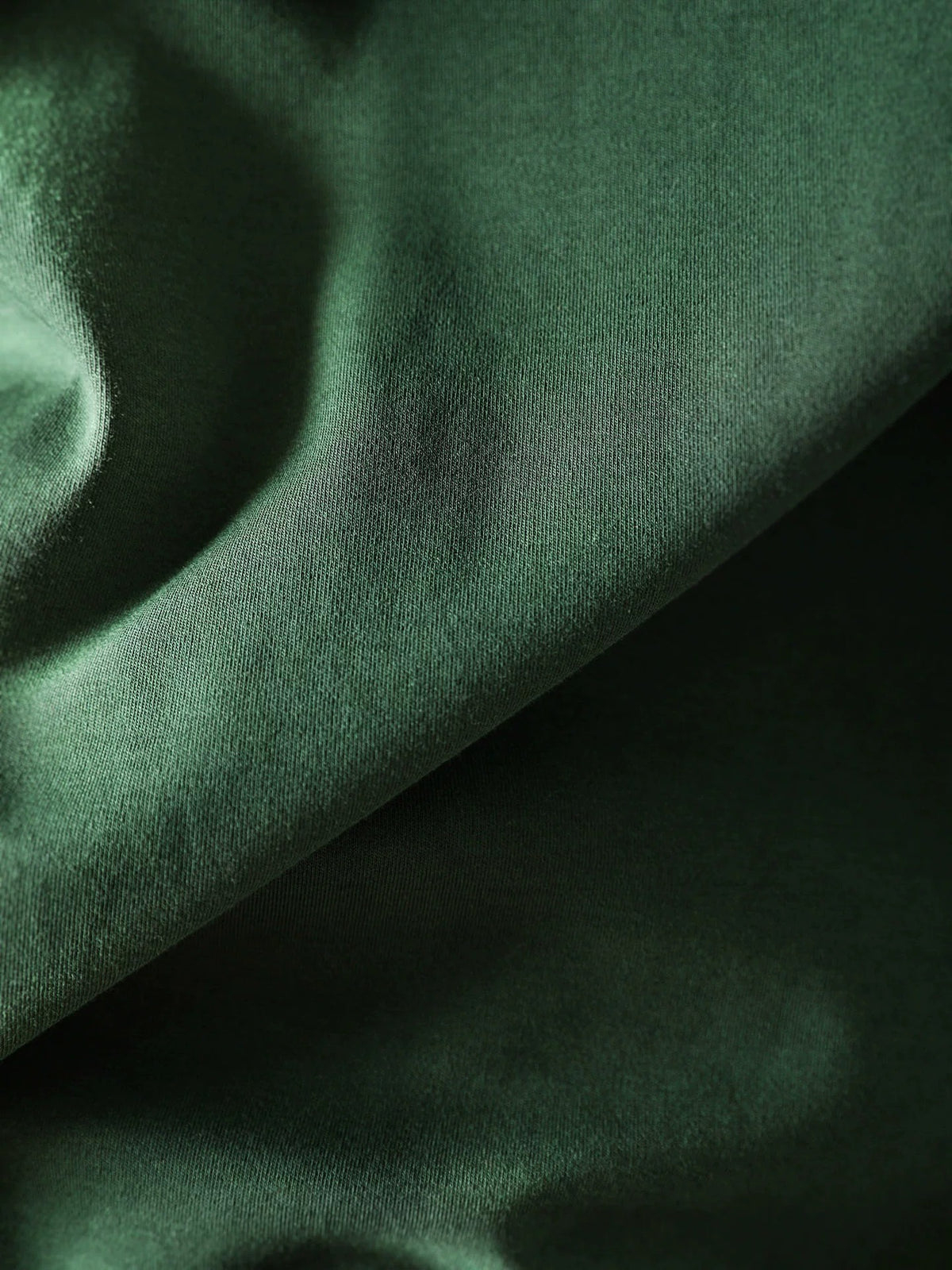 Detail view of the dark green sweater's high neckline and fabric texture