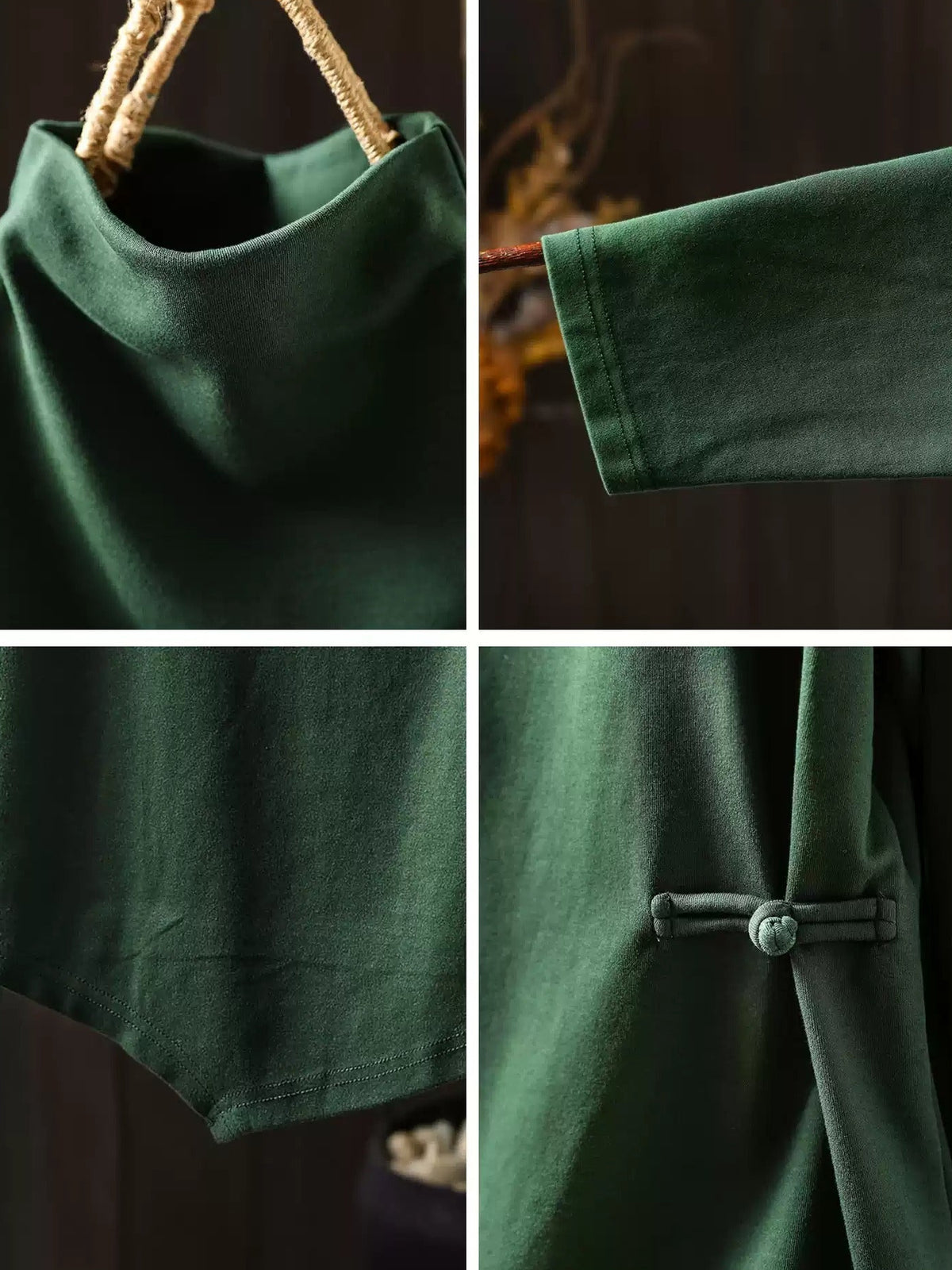 Close-up of the dark green sweater's high neckline and fabric texture