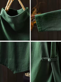 Close-up of the dark green sweater's high neckline and fabric texture