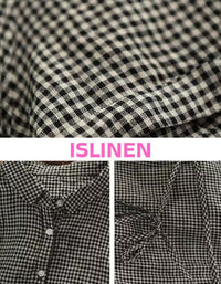 Close‑up of black gingham linen fabric and button front on women’s shirt dress