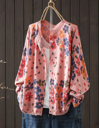 Pink Floral Cardigan for Women – Relaxed V-Neck Knit Sweater