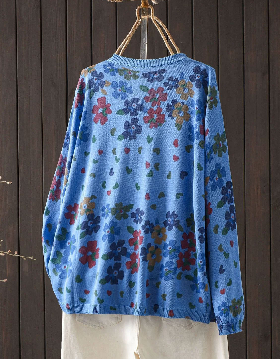 Women’s Blue Flower Knit Cardigan – Vintage Button Front Sweater