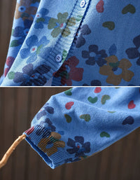 Women's blue floral knit cardigan with V-neck and button front