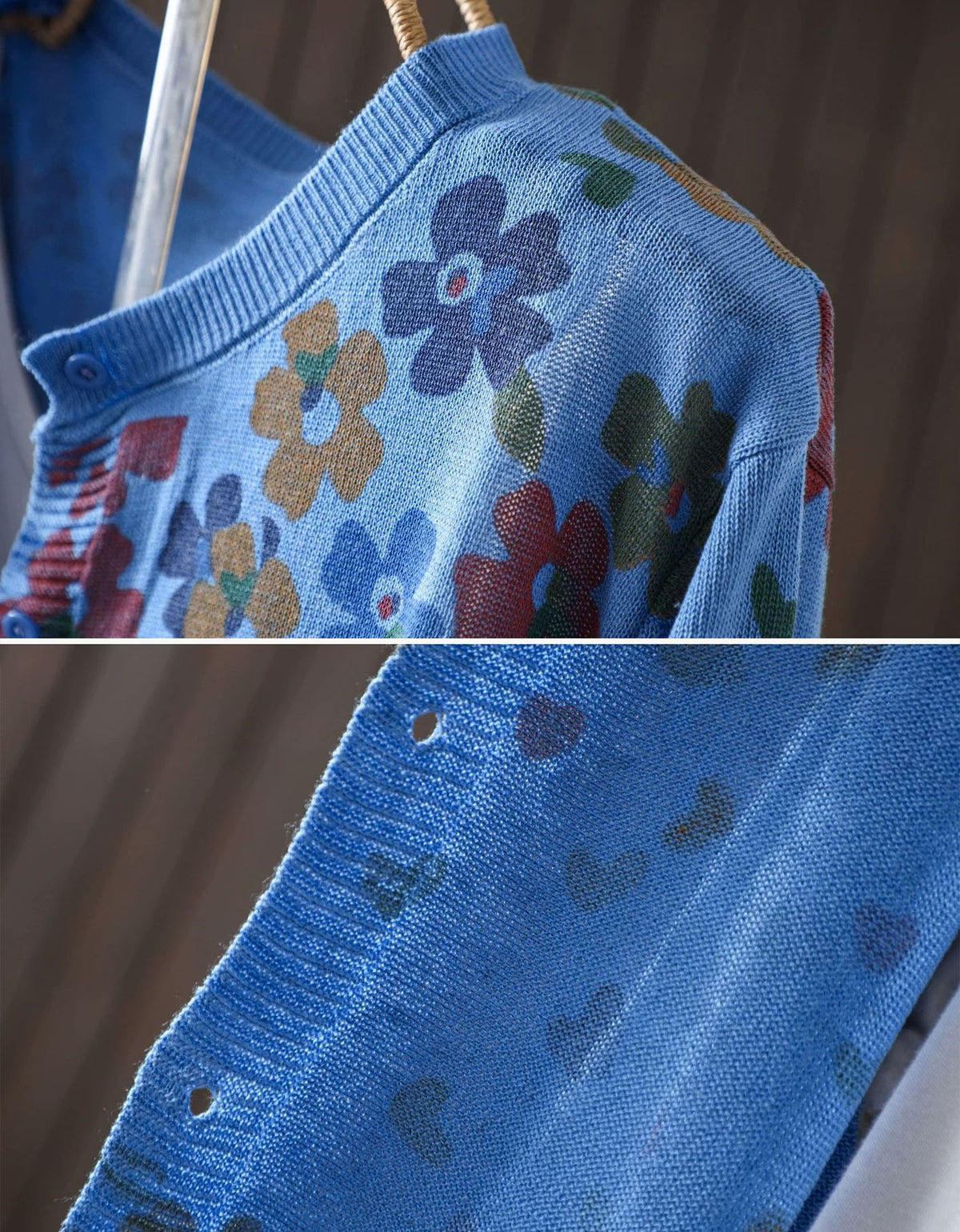 Close up of blue floral knit cardigan texture and button details