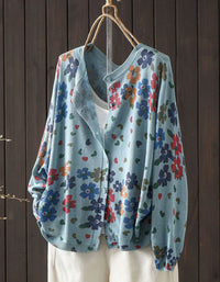Women’s Vintage Floral Knit Cardigan – Light Blue Button Front Sweater