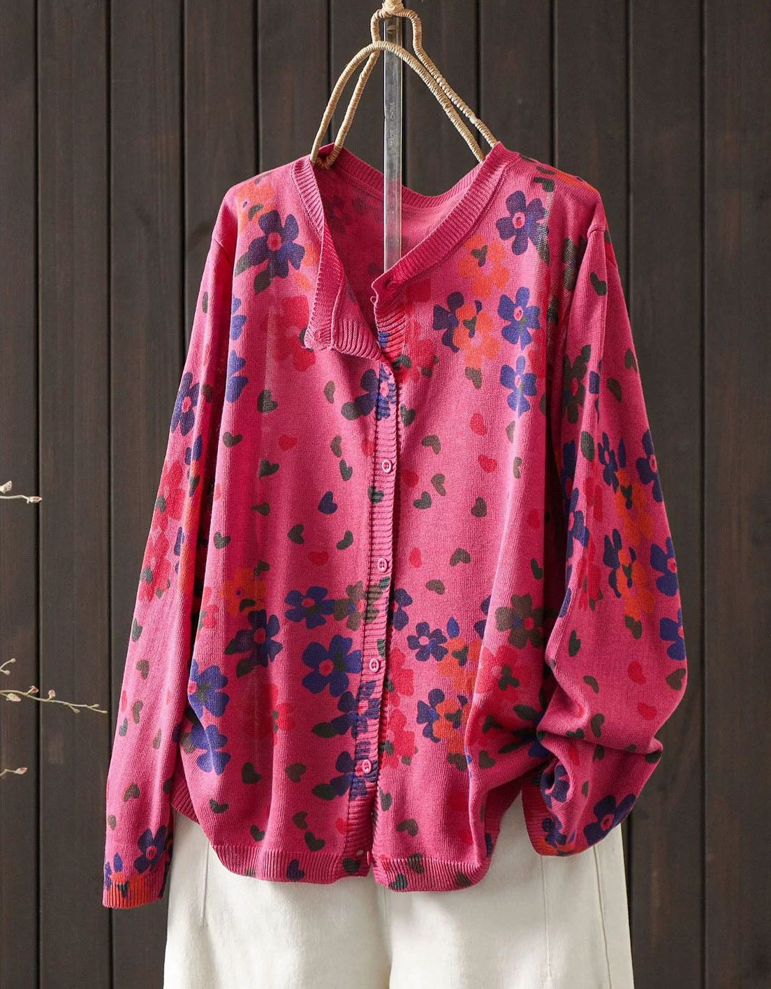Women’s Colorful Floral Knit Cardigan – V-Neck Button Front