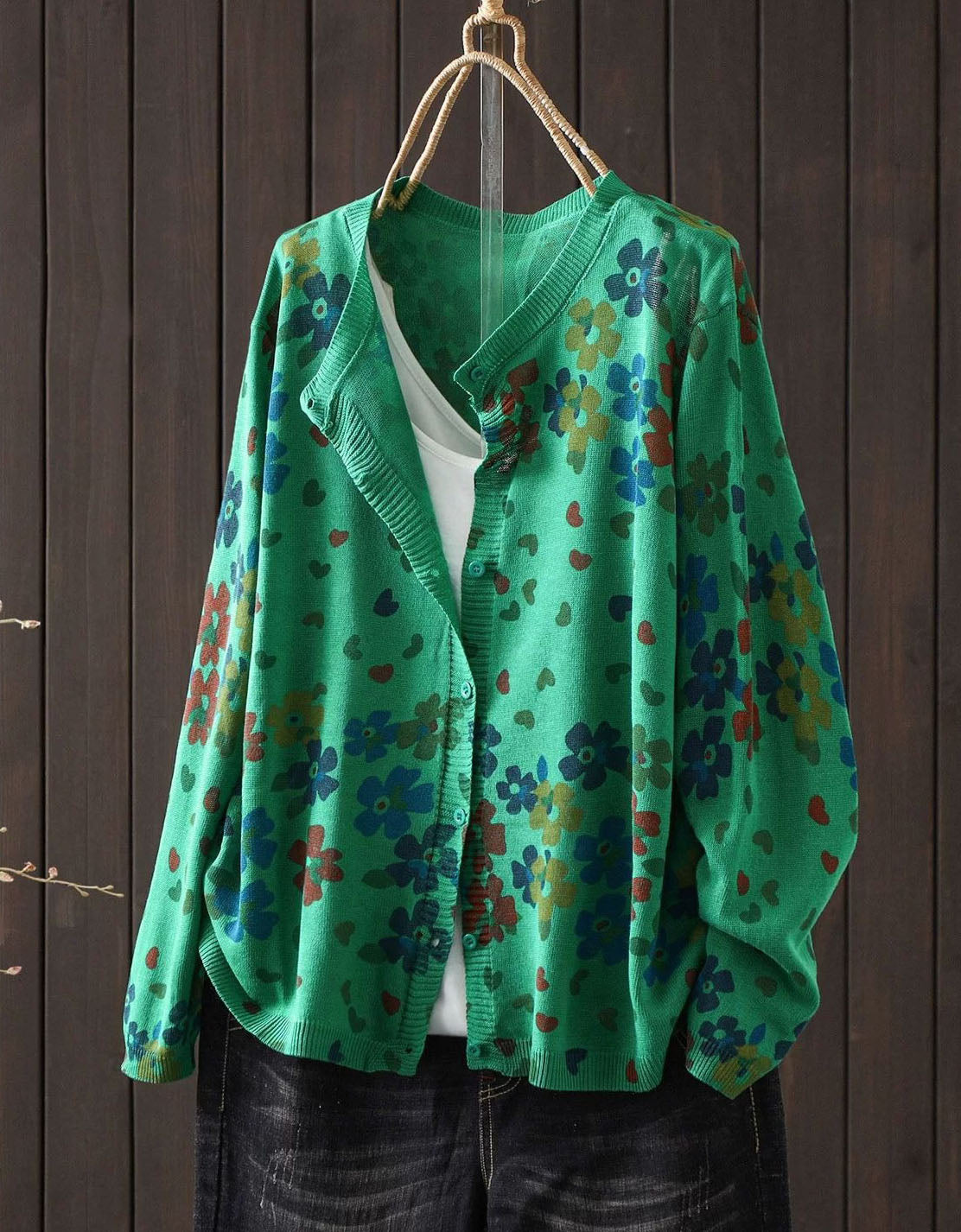 Women’s Botanical Floral Cardigan – Green V-Neck Knit Sweater