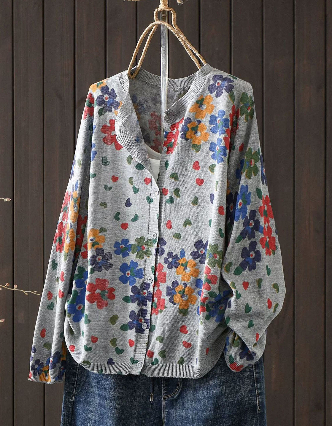 Floral Knit Cardigan for Women – Gray V-Neck Button Sweater